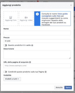 inserimento prodotto vetrina facebook